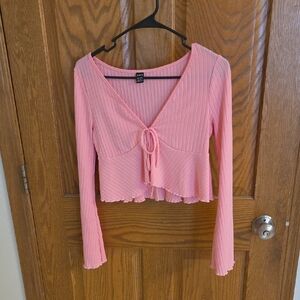 SHEIN Pink Ribbed Tie-Front Cropped Long Sleeve Top